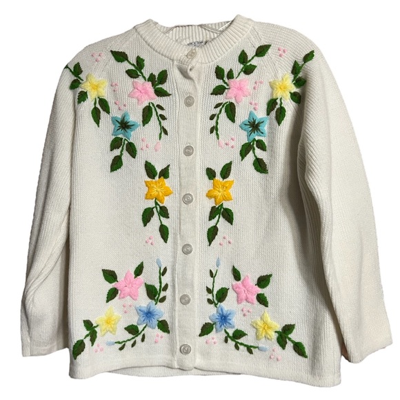 Vintage Sweaters - Vintage Sweater Bee By Banff White Cardigan Hand Embroidered Flowers Sz M EUC